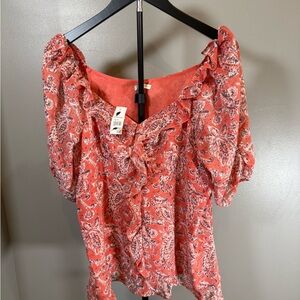 Cato Coral Paisley Ruffle Blouse